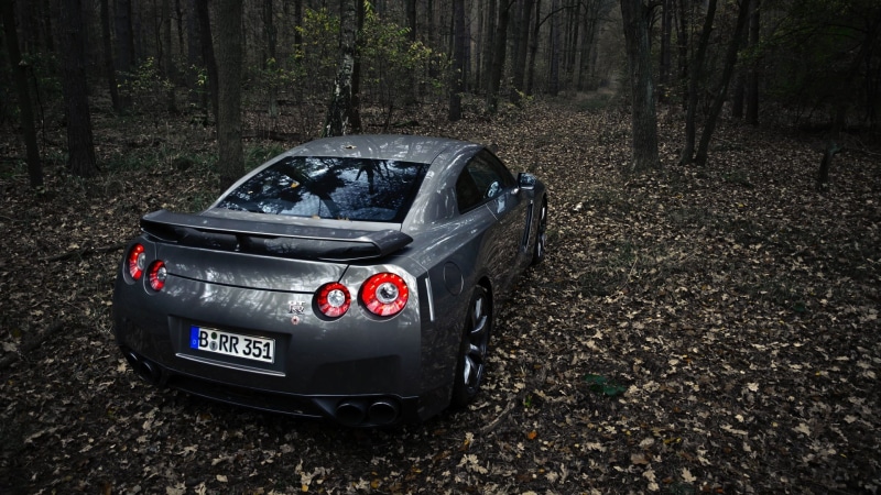 Nissan, Nissan Skyline GT R R35, ruined, careless, woodland, mode of transportation, 1080P, land, day, land vehicle, trunk, field, tree trunk, tree, transportation