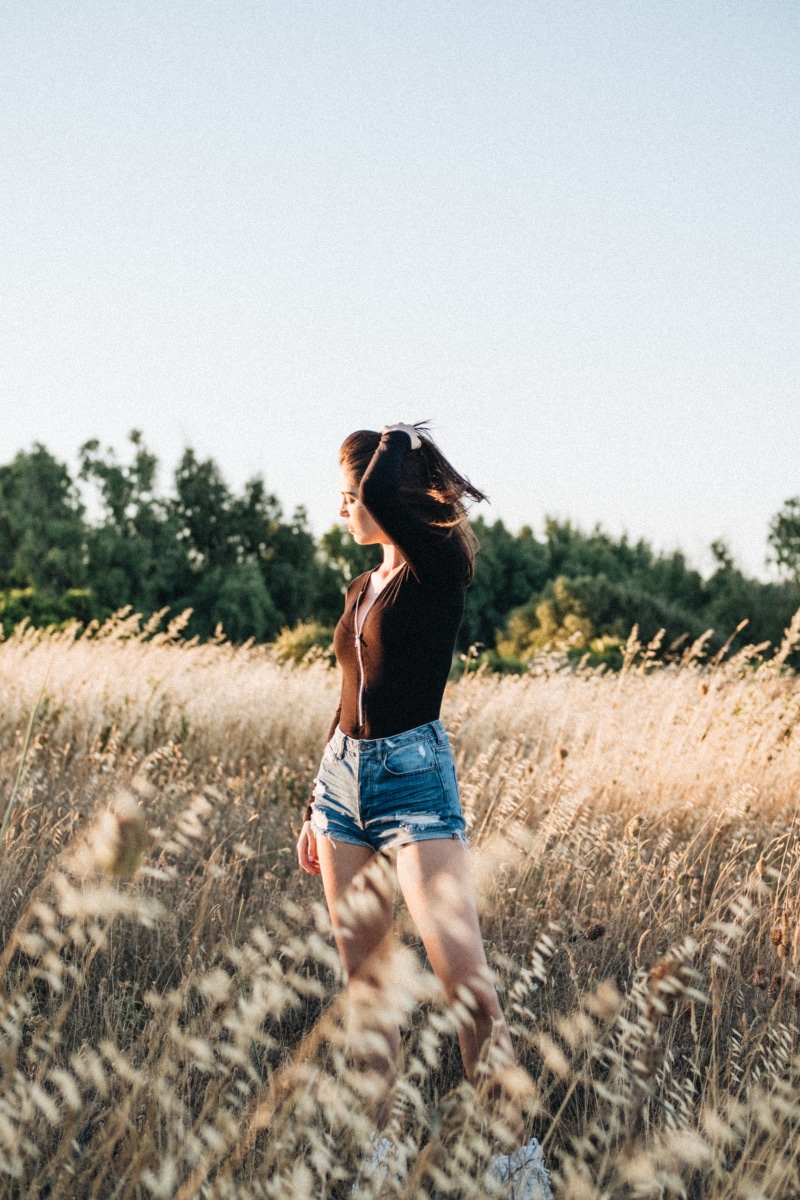 happiness, retro Styled, woman, natural, fun, rural Scene, cute, freedom, meadow, relaxation, looking down, sky, shorts, female, grass, joy, outdoors, alone