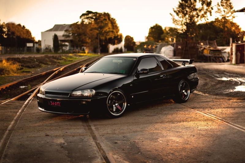 sunset, front, no people, travel, focus on foreground, mode of transportation, road, railroad, day, Nissan, luxury, gtr, retro styled, land vehicle, skyline