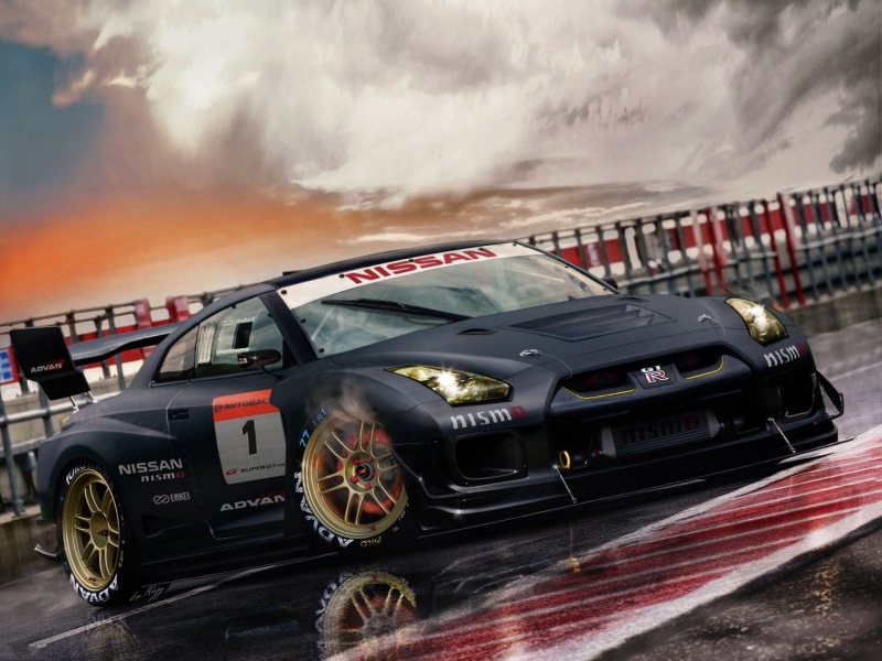 sports race, cloud - sky, motor racing track, sky, auto racing, smoke - physical structure, racecar, Advan, Nissan GT-R, no people, vehicle, 1080P, land vehicle