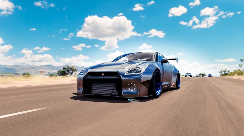 race cars, mode of transportation, motion, sunlight, desert, skyline, Nissan GT-R NISMO, blue, speed, 1080P, horizon, day, cloud - sky, road, nature, transportation
