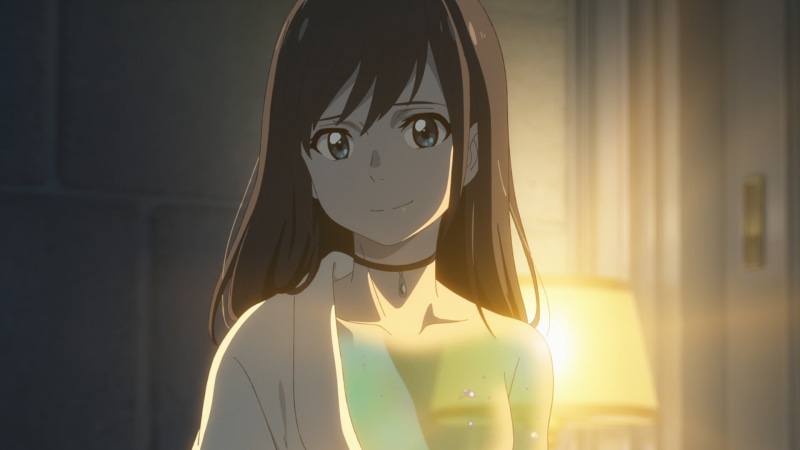 necklace, Hina Amano, thin eyebrows, Tenki no Ko, long hair, 1080P, shadow, Makoto Shinkai, blue eyes, teen, brightness, dark hair, looking at viewer
