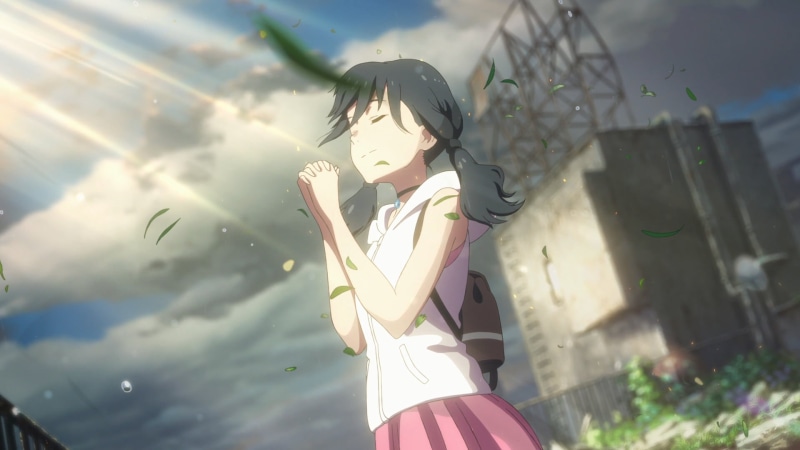 blue eyes, brightness, Tenki no Ko, hands crossed, smile, sunlight, clouds, necklace, white dress, thin eyebrows, white shirt, Hina Amano, fringe hair