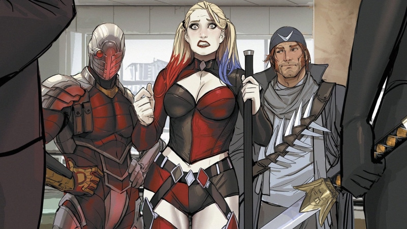 Deadshot, Corset, performance, standing, costume, 1080P, Harley Quinn, indoors, spooky, men, Boomerang, women, mask - disguise, waist up, circus, Shorts