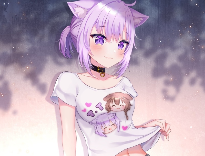 animal ears, Hololive, anthropomorphism, 720P, blush, collar, purple hair, purple eyes, short hair