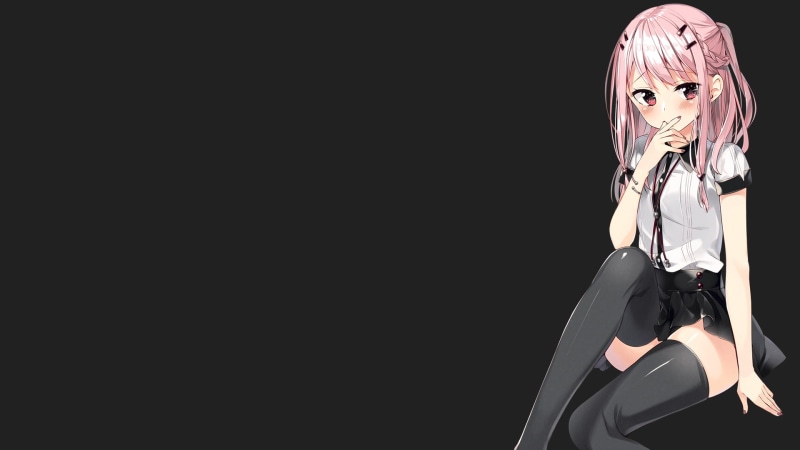 anime girls, black background, 1080P, minimalism, pink hair, pink eyes, long hair, blushing, hair pins