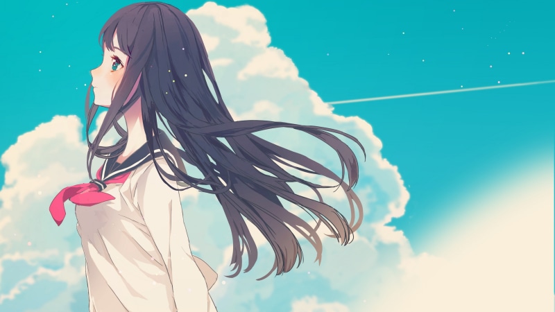 anime girls, leisure activity, outdoors, beautiful woman, hairstyle, sunlight, blushing, beauty, adult, women, school uniform, hair, sky, one person, lifestyles