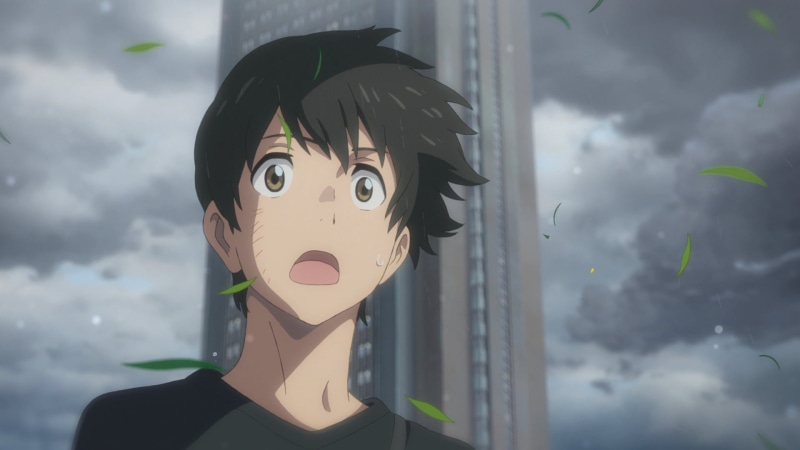brown eyes, anime, dark hair, Hodaka Morishima, Makoto Shinkai, 1080P, black t-shirt, clouds, sky, eyebrows, Tenki no Ko, teeth, leaves, fringe hair, open mouth