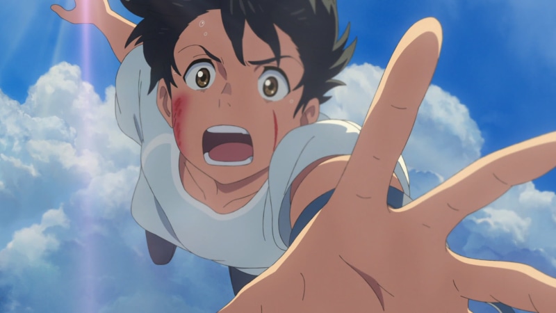 dark hair, water, anime boys, teen, bruise, 1080P, falling, fringe hair, hands, Makoto Shinkai, teeth, sky, clouds, brown eyes, anime, looking at viewer