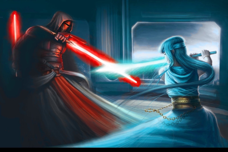 Star Wars, Woman, Lightsaber, Mask, two, Blue Lightsaber, Darth Revan, Star Wars Knights of the Old Republic II, Jedi, Hood, Belt, characters, Man, 720P