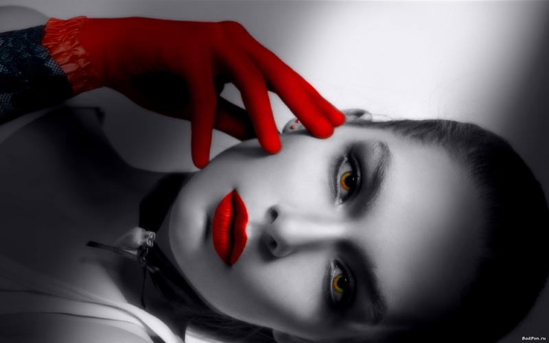 selective coloring, red lipstick, 2K, face, gloves, women, looking at viewer