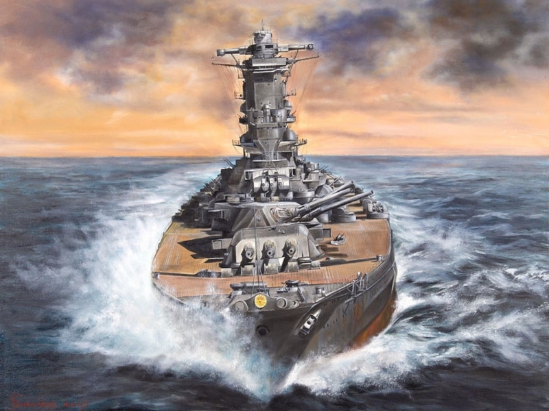 sunset, Battleship, sea, ship, military, horizon, outdoors, 720P, mode of transportation, water, warship, motion, cloud - sky, aquatic sport, Yamato, sky