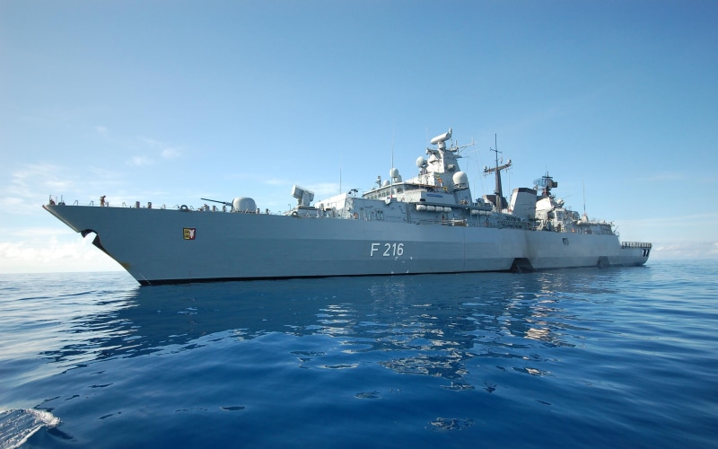 sea, military, day, shipping, warship, transportation, travel, Schleswig-Holstein (frigate), side view, nature, blue, outdoors, navy, waterfront, no people