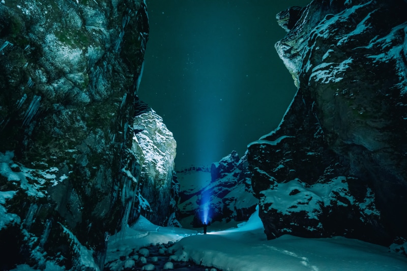stars, rock formation, Jonatan Pie, night, mountains, gray, tranquil scene, 5K, illuminated, snow, cave, scenics - nature, rock - object, men, blue, tree