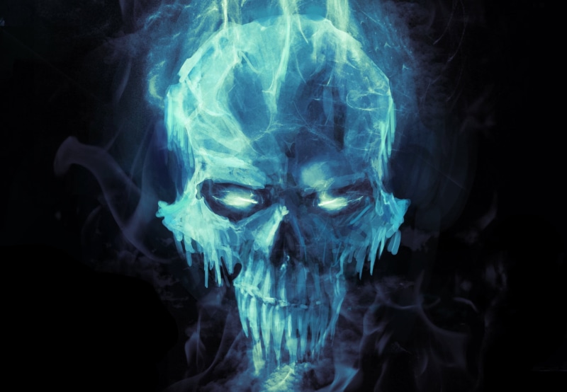 fear, cold, dark, swirl, 2K, spooky, skeleton, blue, black background, bone, halloween, ice, creativity, smoke - Physical Structure, art, close-up