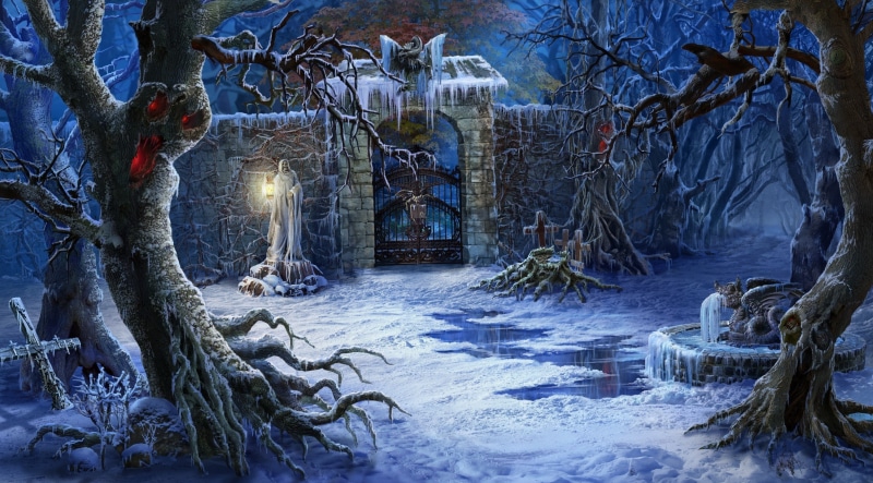 icicle, trunk, covering, dark, built structure, building exterior, winter, snowing, branch, cold temperature, 2K, fantasy art, no people, artwork, tree