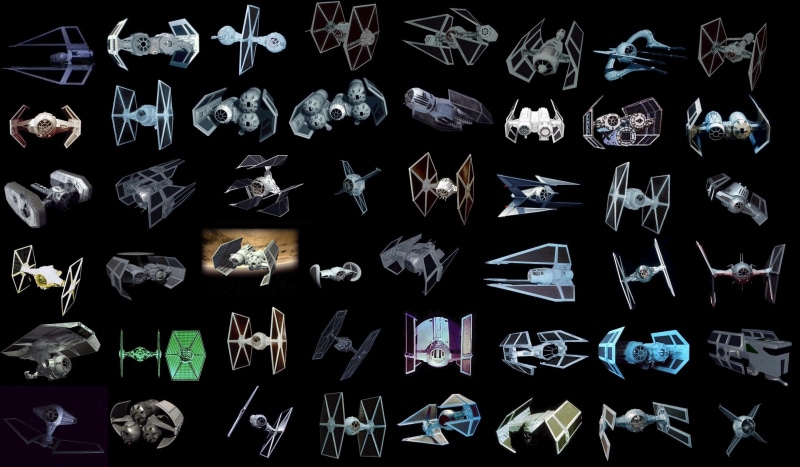 large group of objects, TIE Interceptor, text, studio shot, 2K, TIE Advanced, star, creativity, tie, backgrounds, shape, reflection, collage, close-up