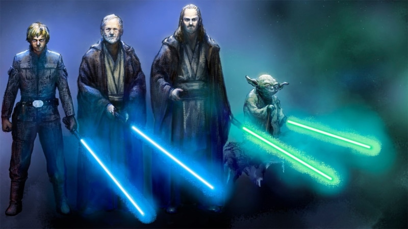 Qui-Gon Jinn, artwork, 720P, Yoda, Luke Skywalker, Jedi, drawing, lightsaber, Star Wars, Obi-Wan Kenobi