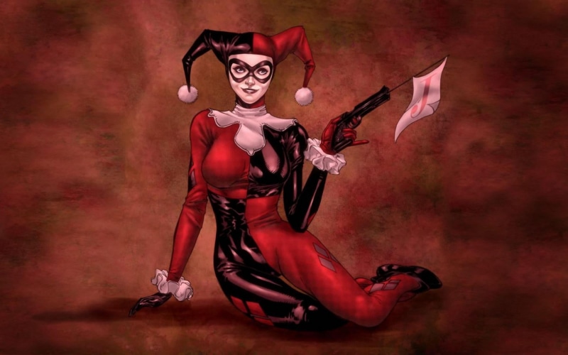 body paint, studio shot, young adult, Harley Quinn, one person, indoors, weapon, fantasy, evil, shirtless, red, clothing, cowboy, adult, costume, knife - weapon
