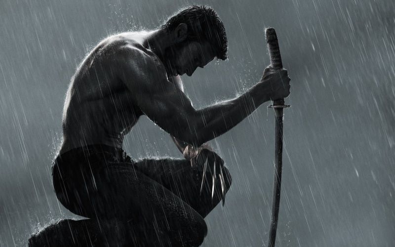 crowe, sad, the wolverine, jackman, heroes, katana, games, storm, comics, dark, movies, knife, pose, emotion, sword, sorrow, rain, 1080P, muscle, wolverine