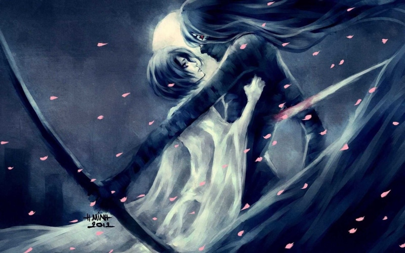 one person, indoors, black color, weapon, knife - weapon, warning sign, untitled, technology, Bleach, young adult, Kuchiki Rukia, front view, looking at camera