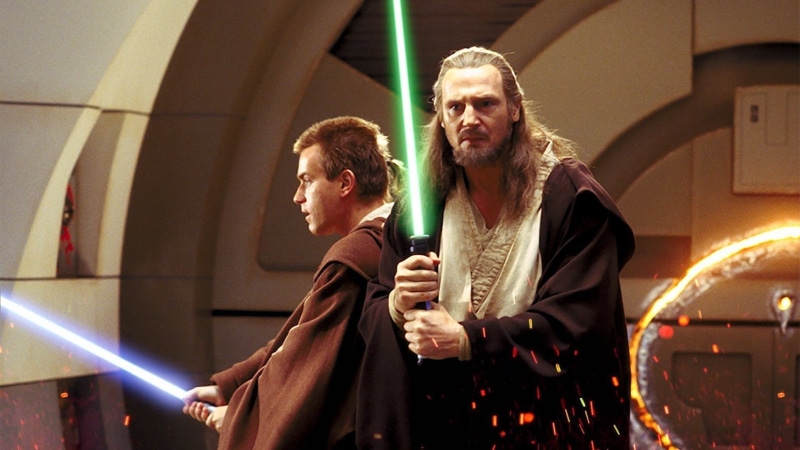 Blue Lightsaber, Lightsaber, Star Wars Episode I: The Phantom Menace, 1080P, Beard, Liam Neeson, Man, Obi-Wan Kenobi, Jedi, Star Wars, Ewan McGregor, Green Lightsaber