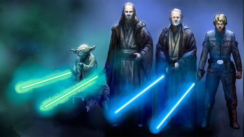 robot, males, technology, star wars original characters drawing yoda obi wan kenobi qui gon jinn, futuristic, adult, cyborg, blue, illuminated, 720P, representation