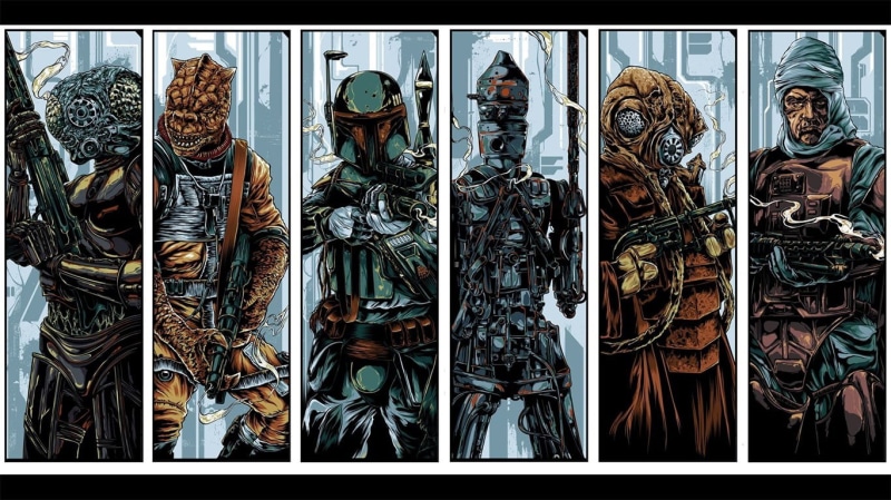 representation, 720P, male likeness, close-up, Star Wars, indoors, glass - material, IG-88, Bossk, full frame, large group of objects, backgrounds, sculpture