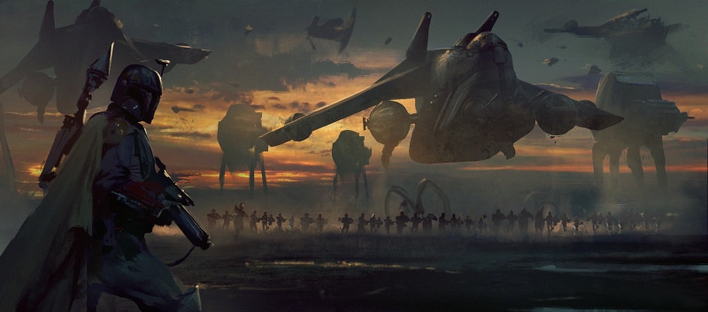 Star Wars, artwork, futuristic, weapon, Boba Fett, science fiction, AT-AT Walker, 1080P, illustration