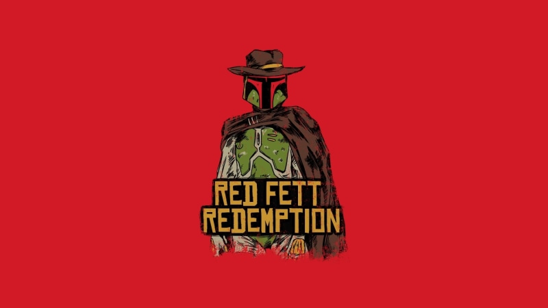 red, hat, Star Wars, sign, humor, no people, text, 2K, western script, red background, traditional clothing, cowboy hat, Boba Fett, video games