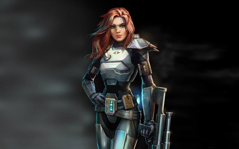 dyed red hair, brown, haired, hairstyle, front view, beautiful woman, robot, Star Wars: Knights of the Old Republic, looking at camera, 2K, beauty, character