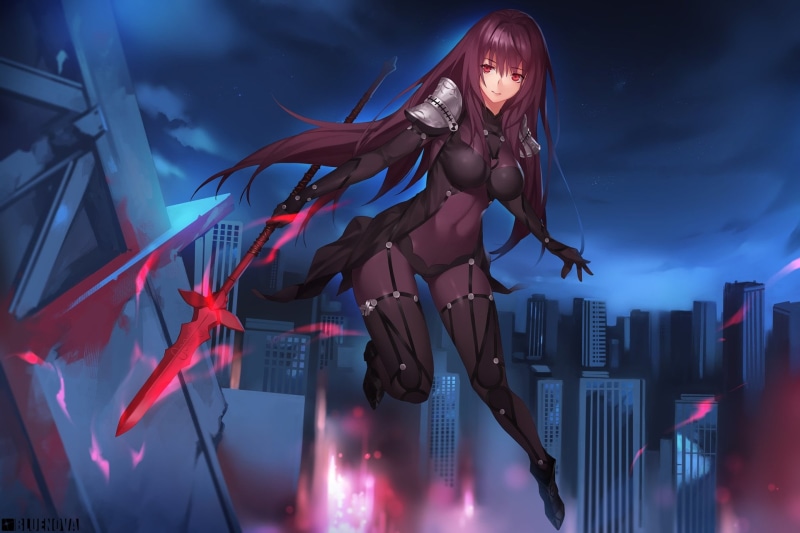 full length, illuminated, one person, Fate/Grand Order, real people, Scathach (Fate/Grand Order), long hair, beautiful woman, Fate Series, beauty, night