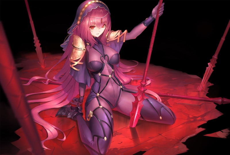 Long Hair, Red Eyes, Fate, weapon, Purple Hair, Grand Order, spear, 720P, Headdress, Bodysuit, Scathach ( Fate