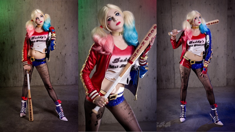 indoors, 4K, illustration, portrait, casual clothing, hair, arts culture and entertainment, collage, cosplay, harley, quinn, women, costume, Harley Quinn
