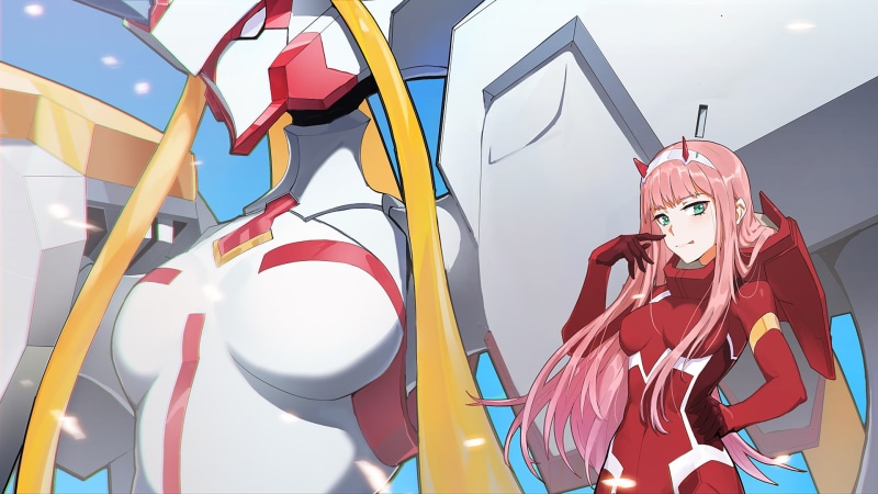 horns, Zero Two (Darling in the FranXX), low angle view, day, looking at viewer, long hair, real people, digital art, anime, leisure activity, multi colored