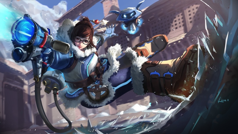full length, anime, blue, lifestyles, pets, Overwatch, land vehicle, brown eyes, women, domestic animals, short hair, canine, vertebrate, digital, one animal