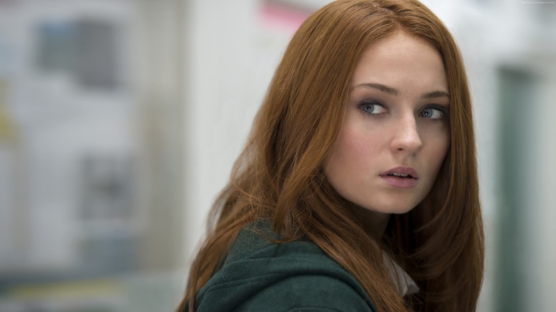 portrait, black, casual clothing, looking, contemplation, adult, young women, looking at camera, Sophie Turner, focus on foreground, brown hair, 4K, top