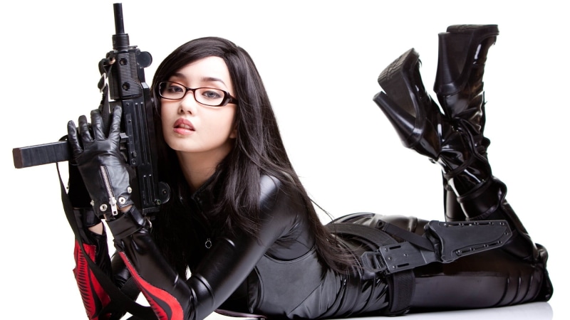 model, glasses, girls with guns, eyeglasses, cosplay, hair, leisure activity, women, holding, portrait, studio shot, leather, Alodia Gosiengfiao, black color