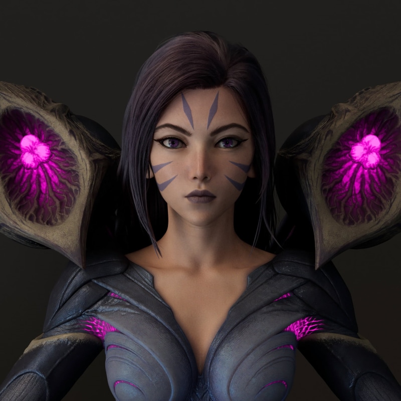 glowing, looking at viewer, long hair, purple eyes, KaiSa, face paint, League of Legends, women, Tom Tran, kaisa, 1080P, bodysuit, armor, dark hair, simple background