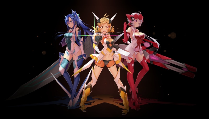 ponytail, Kazanari Tsubasa, Tachibana Hibiki, purple eyes, Senki Zesshou Symphogear, yellow eyes, blue hair, thighs, 4K, weapon, short hair, cleavage