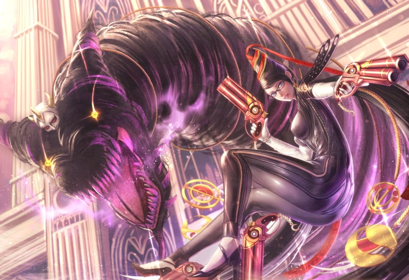 gun, skintight, eyes, long, glasses, 1080P, hair, weapon, bodysuit, blue, (character), yazuwo, bayonetta