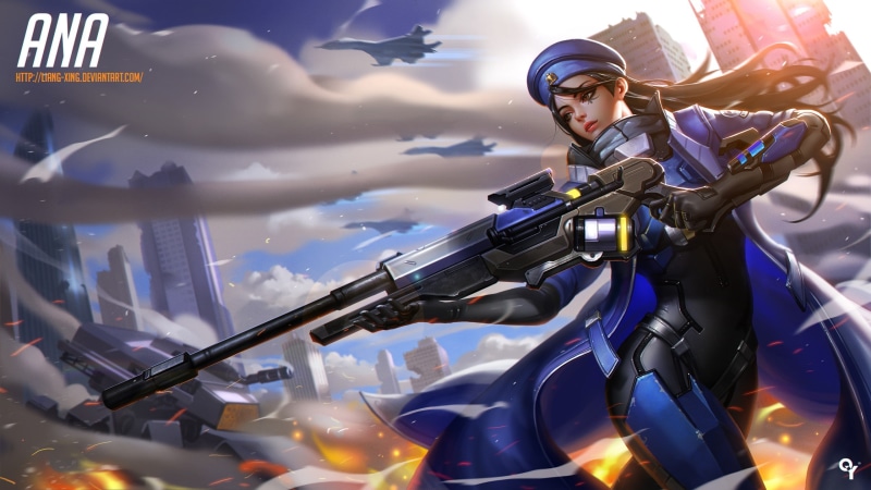 long hair, anime girls, 2K, sniper rifle, bodysuit, tattoo, Ana (Overwatch), anime, gun, Overwatch