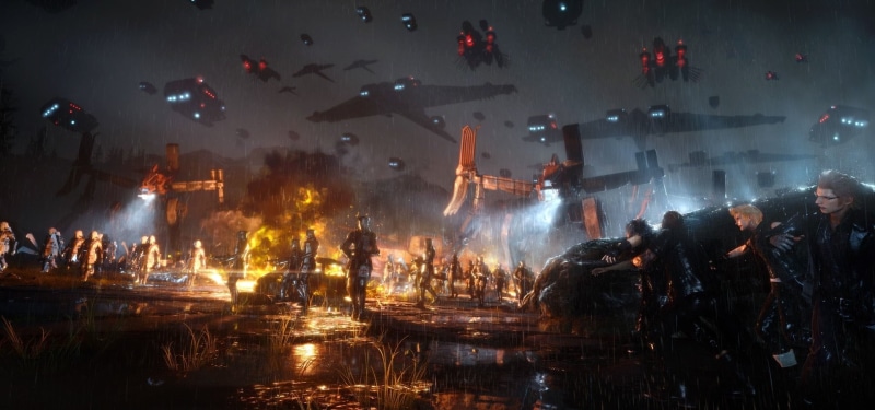 people, Gladiolus Amicitia, Prompto Argentum, water, fire, Final Fantasy, architecture, motion, night, event, arts culture and entertainment, smoke - physical structure