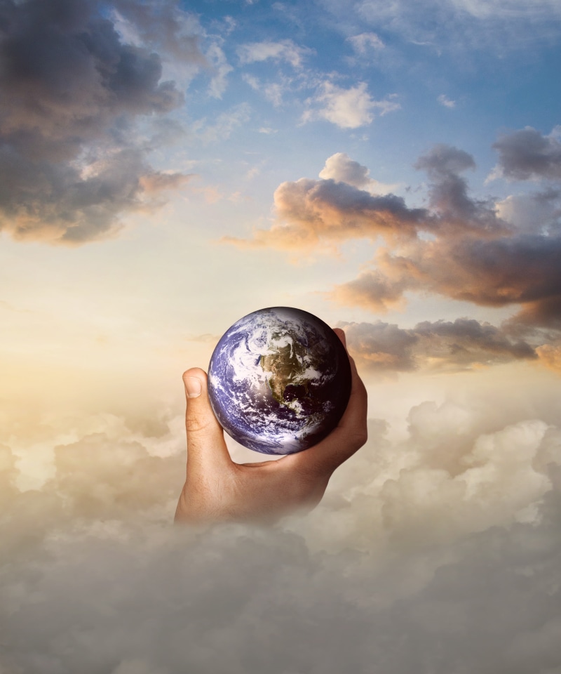 crystal ball, cloud - sky, digital composite, holding, one person, real people, fantasy, nature, ecology, protect, hand, men, environment, outdoors, note