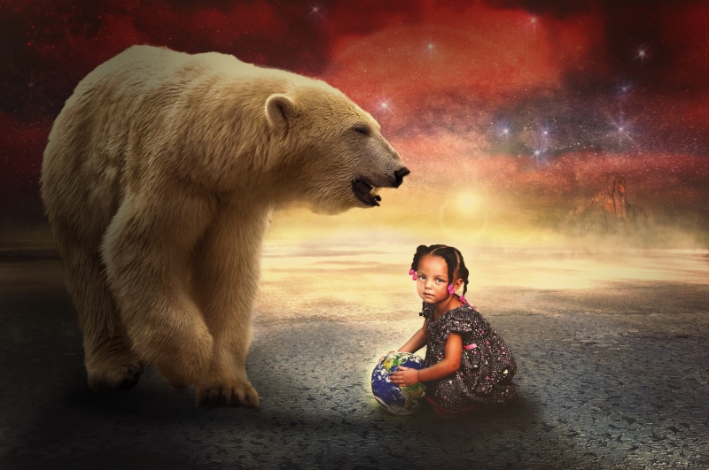 ice, women, fairy tales, photo montage, girl, romantic, fog, landscape, one animal, polar bears, side view, looking, composing, 2K, ball, emotion, polar