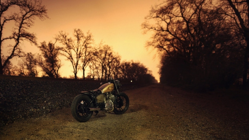 land, land vehicle, crash helmet, Harley Davidson, sky, tree, Bobber, riding, 1080P, motorcycle, outdoors, cruiser, dusk, wheelchair, sunset, nature, one person