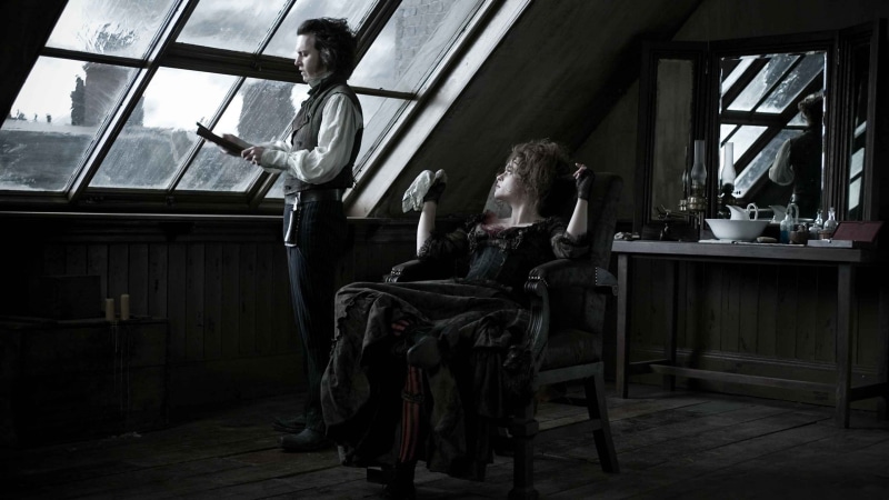 people, sitting, adult, young adult, lifestyles, technology, chair, Helena Bonham Carter, home interior, table, Johnny Depp, women, hairstyle, indoors
