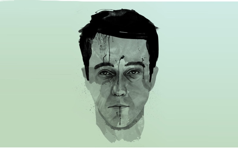 studio shot, headshot, portrait, indoors, front view, one person, young adult, body part, close-up, colored background, human body part, human face, man