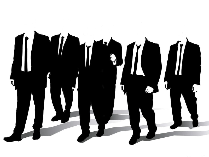 friendship, white background, group, 720P, people, side by side, indoors, digital composite, artwork, fashion, retail, suit, silhouette, studio shot, full length