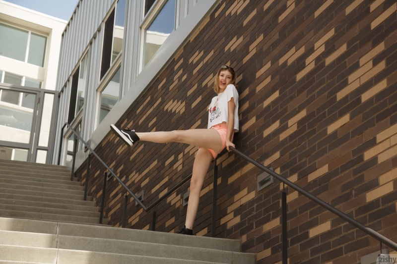 full length, day, Lena Anderson, balance, T-shirt, hairstyle, Sloan Kendricks, teens, sport, staircase, zishy, skill, young adult, real people, effort